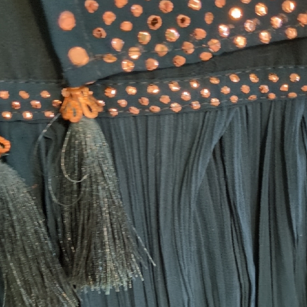 Formal Dress: Deep Green w/Gold Embellishments & Flowy Cape on Modest Sleeveless - Picture 5 of 16